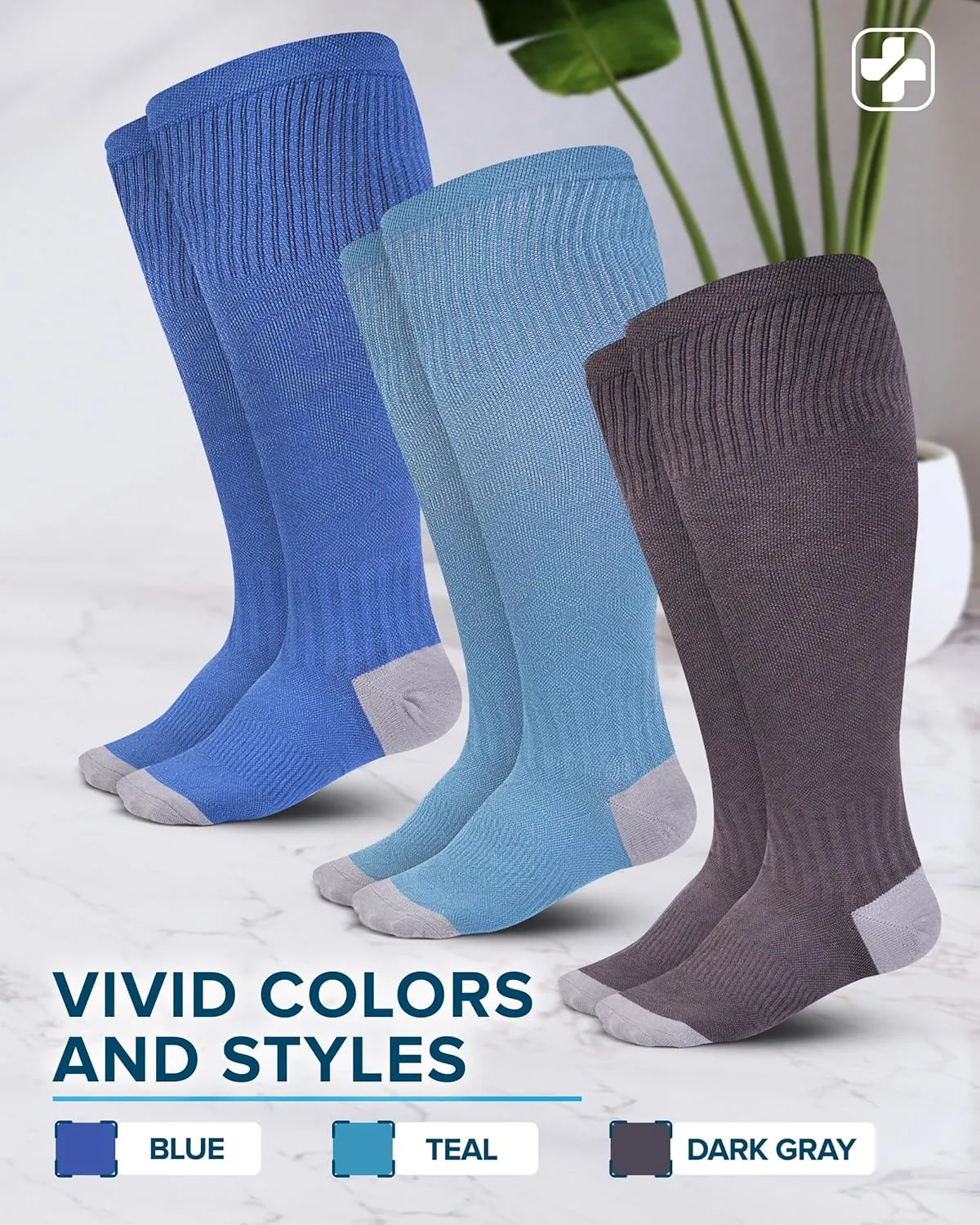 Doctor's Select 3 Pairs Plus Size Compression Socks Wide Calf | Bamboo Viscose Knee High Socks for Circulation Support | Nurses, Travel, Running | Blue, Teal, Dark Gray