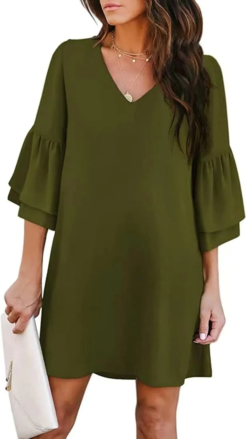 Dresses for Women Summer Flare Sleeve V Neck Loose Fit Mini Dress A Line Casual Plus Size Sundress 2025
