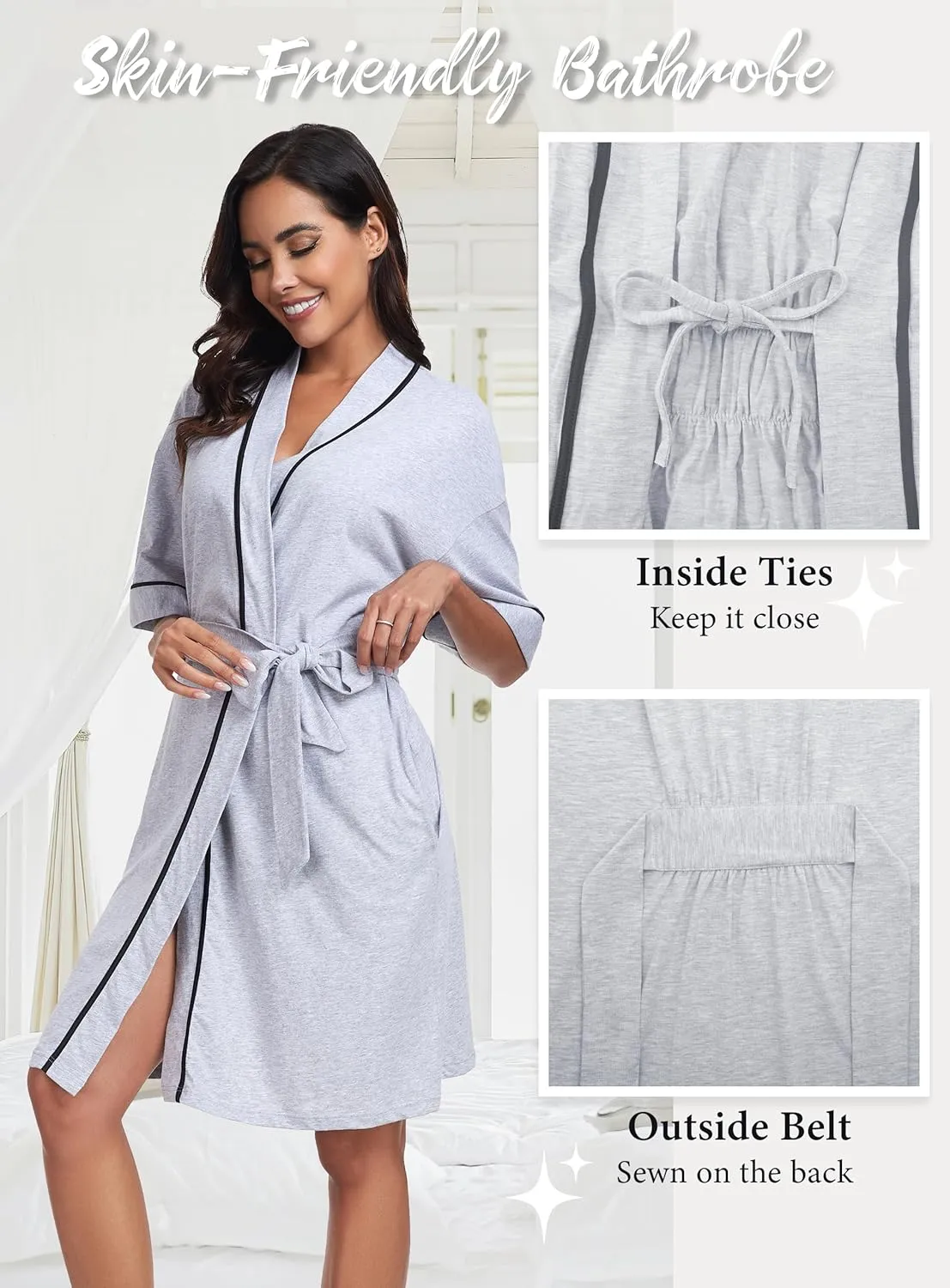 EA'S SECRET Robes for Women Summer Lightweight Bathrobe Bamboo Short Kimono Robe Soft Spa Bath robe Sleepwear for Ladies