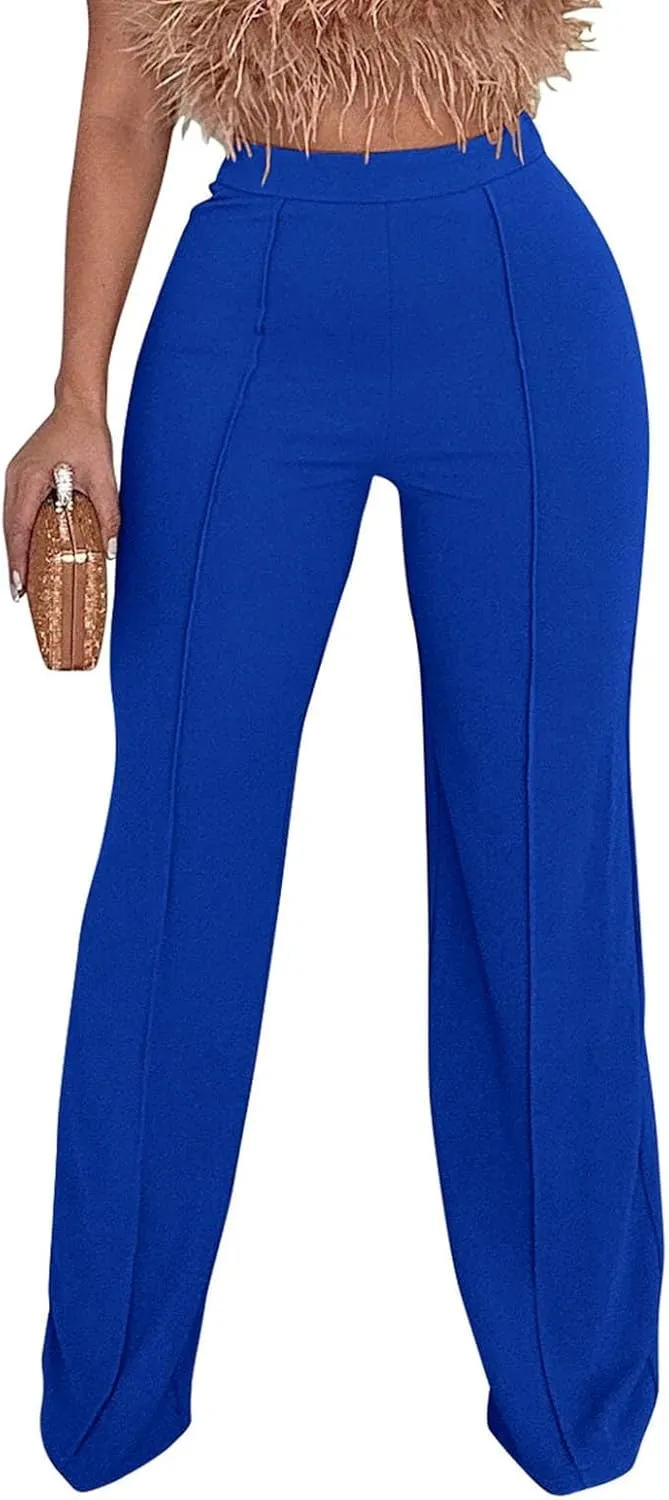 Elastic Waist Pants for Women Straight Wide Leg Lounge Palazzo Pants Solid Color Baggy Lightweight Comfy Trousers with Pocket
