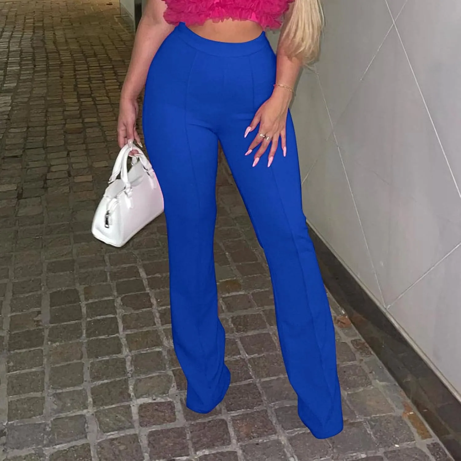 Elastic Waist Pants for Women Straight Wide Leg Lounge Palazzo Pants Solid Color Baggy Lightweight Comfy Trousers with Pocket