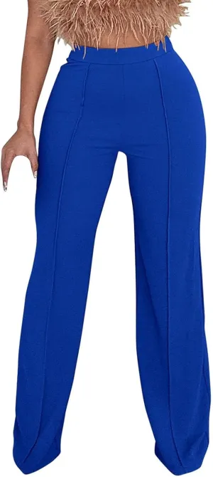 Elastic Waist Pants for Women Straight Wide Leg Lounge Palazzo Pants Solid Color Baggy Lightweight Comfy Trousers with Pocket