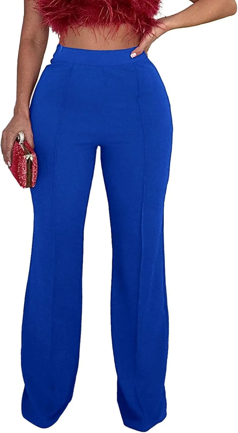 Elastic Waist Pants for Women Straight Wide Leg Lounge Palazzo Pants Solid Color Baggy Lightweight Comfy Trousers with Pocket