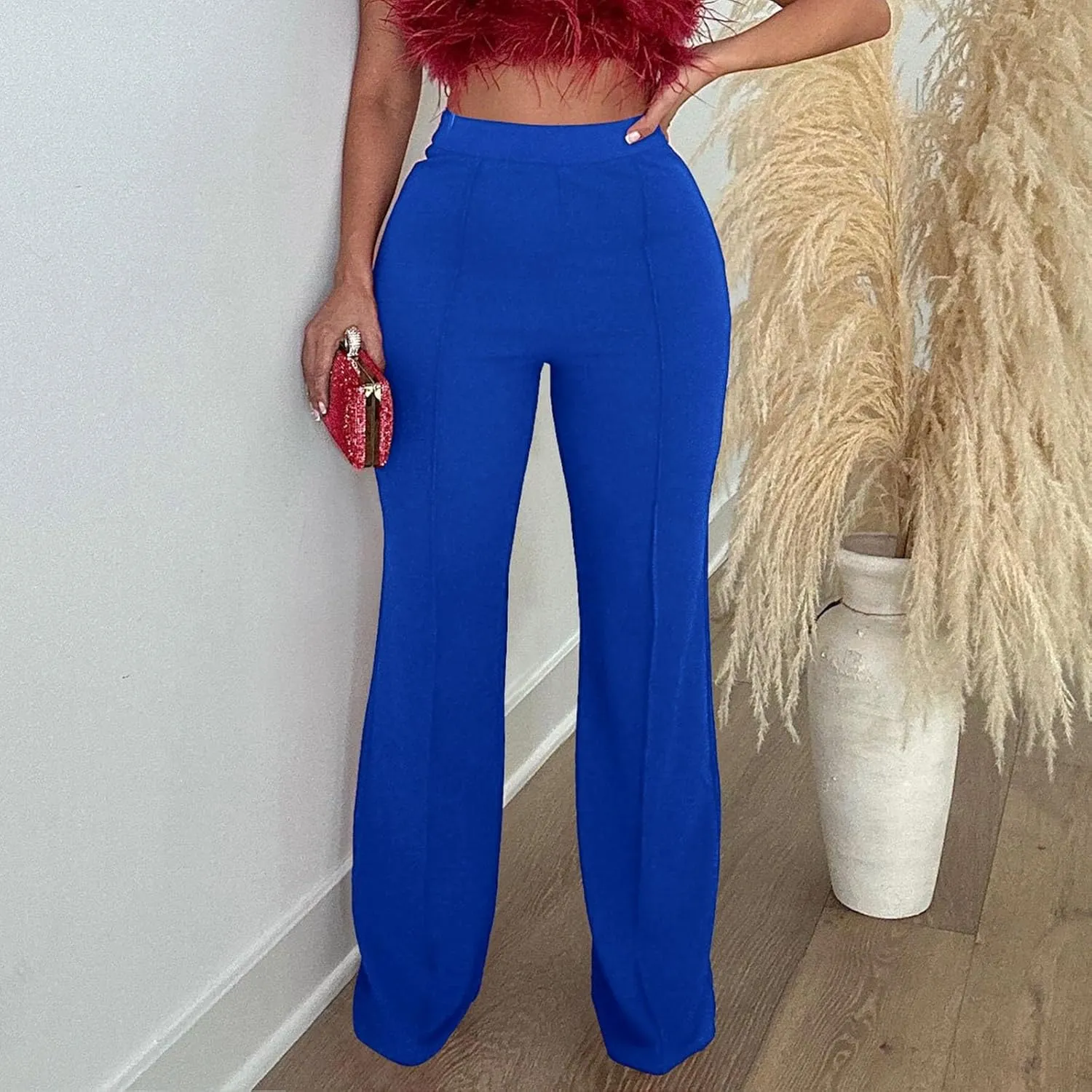 Elastic Waist Pants for Women Straight Wide Leg Lounge Palazzo Pants Solid Color Baggy Lightweight Comfy Trousers with Pocket