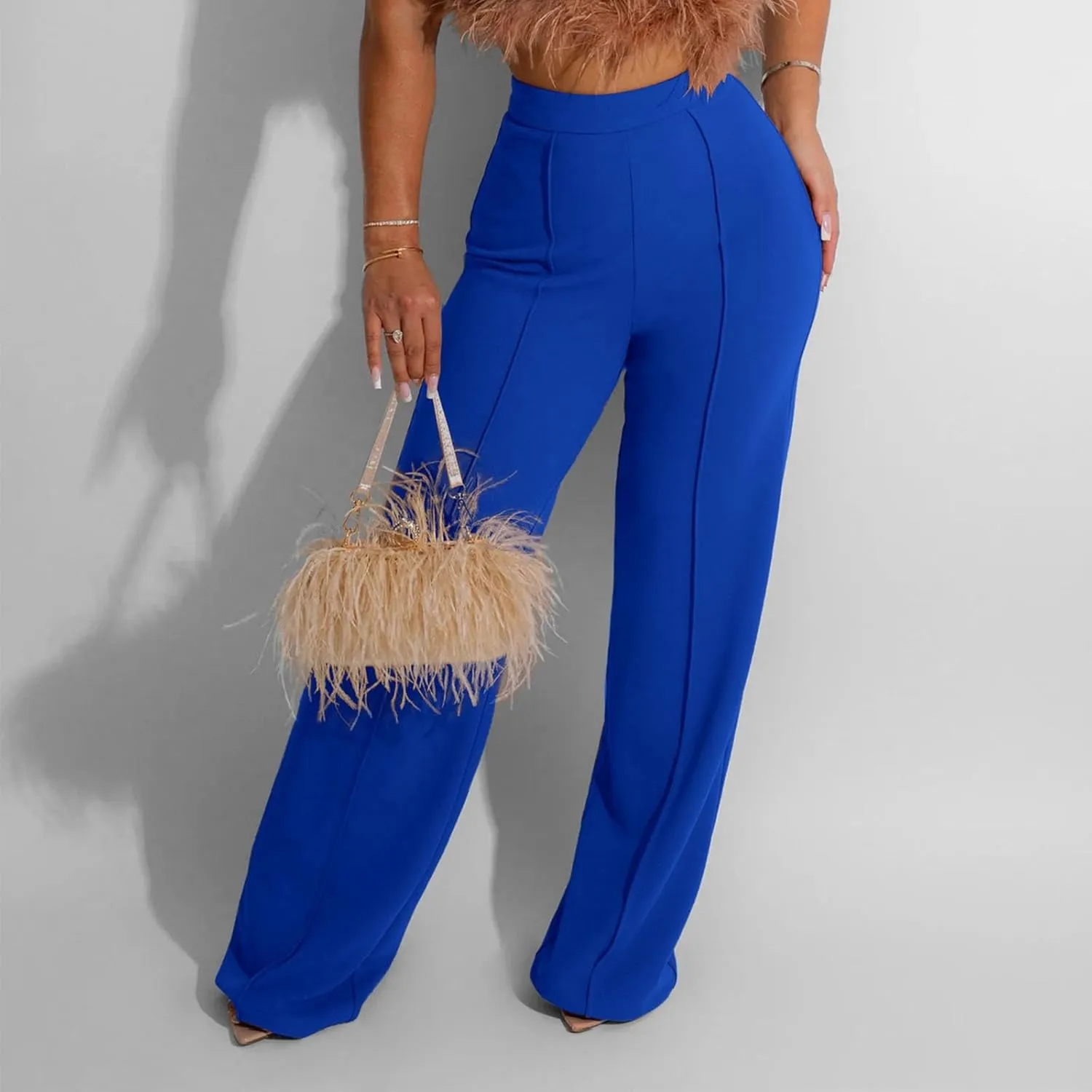 Elastic Waist Pants for Women Straight Wide Leg Lounge Palazzo Pants Solid Color Baggy Lightweight Comfy Trousers with Pocket