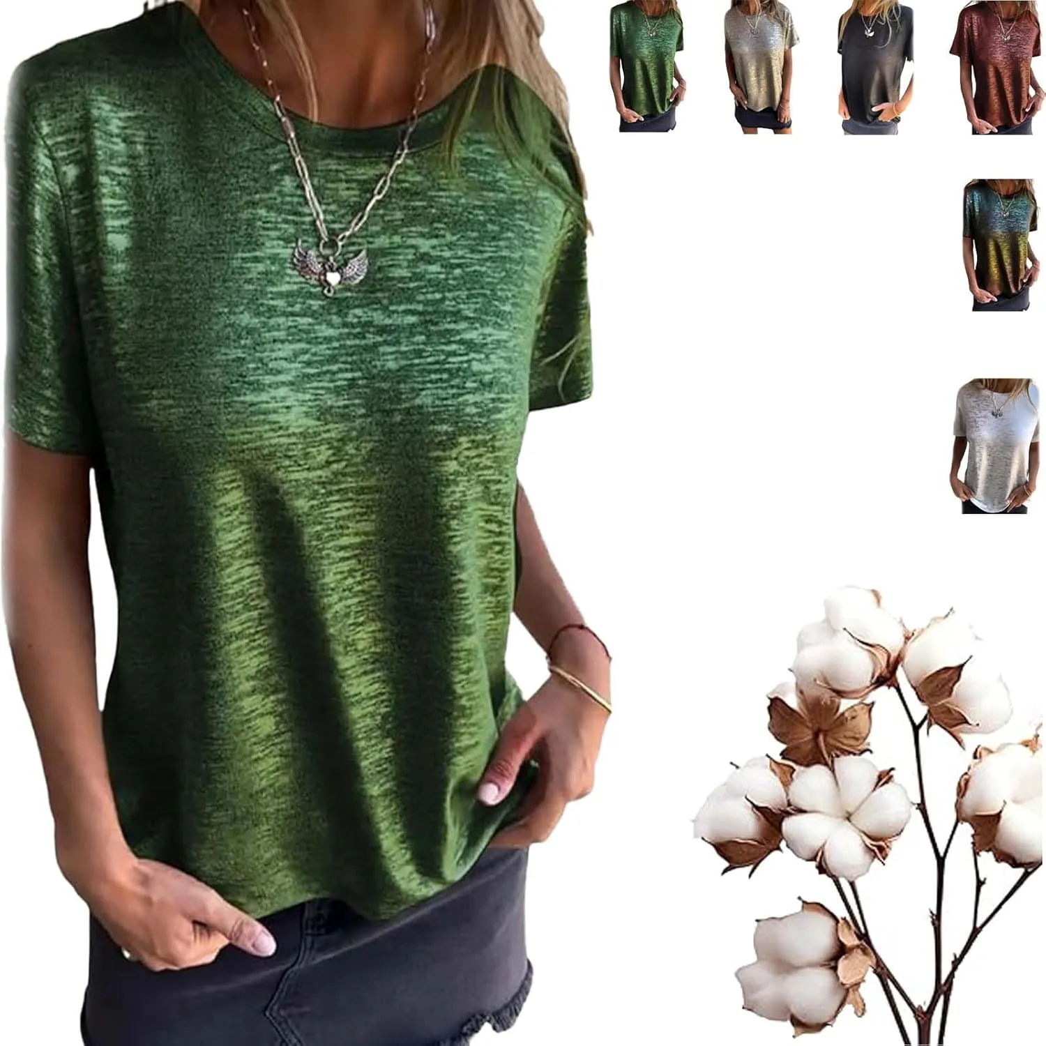 Emboadlie Gold Foil Short-Sleeved T-Shirt for Women Round Neck Casual Summer Top Soft & Breathable