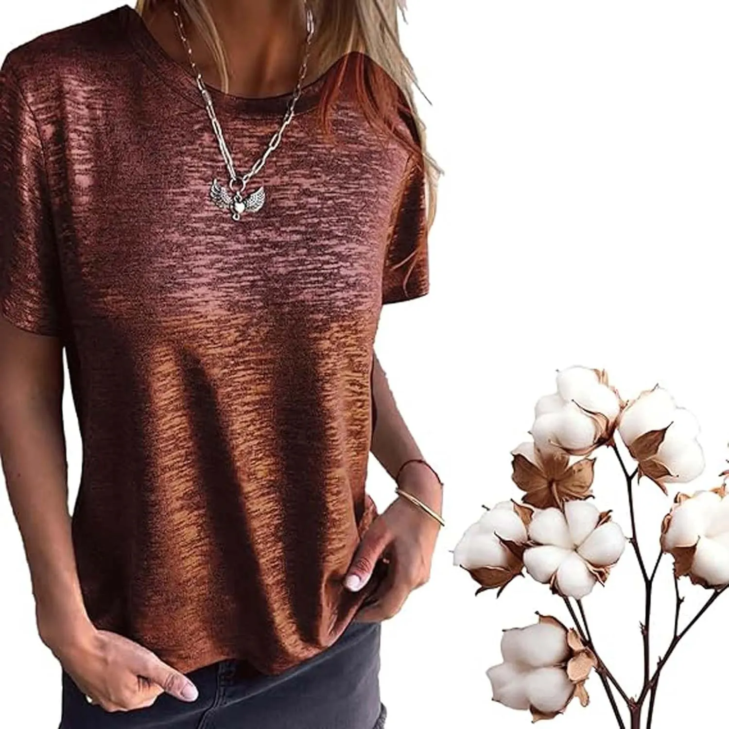 Emboadlie Gold Foil Short-Sleeved T-Shirt for Women Round Neck Casual Summer Top Soft & Breathable
