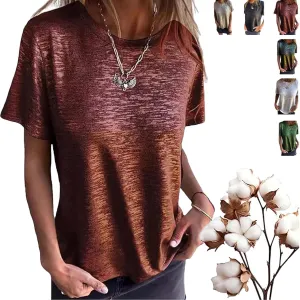 Emboadlie Gold Foil Short-Sleeved T-Shirt for Women Round Neck Casual Summer Top Soft & Breathable