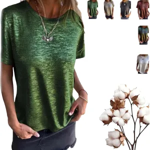 Emboadlie Gold Foil Short-Sleeved T-Shirt for Women Round Neck Casual Summer Top Soft & Breathable