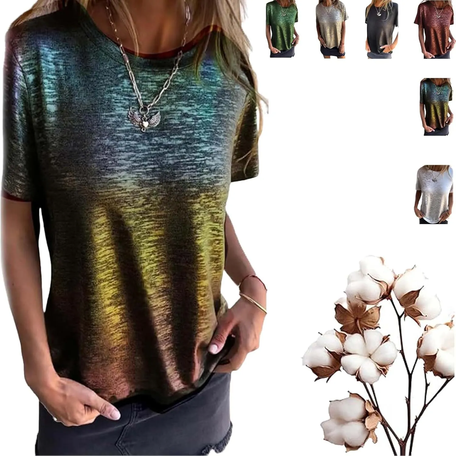 Emboadlie Gold Foil Short-Sleeved T-Shirt for Women Round Neck Casual Summer Top Soft & Breathable