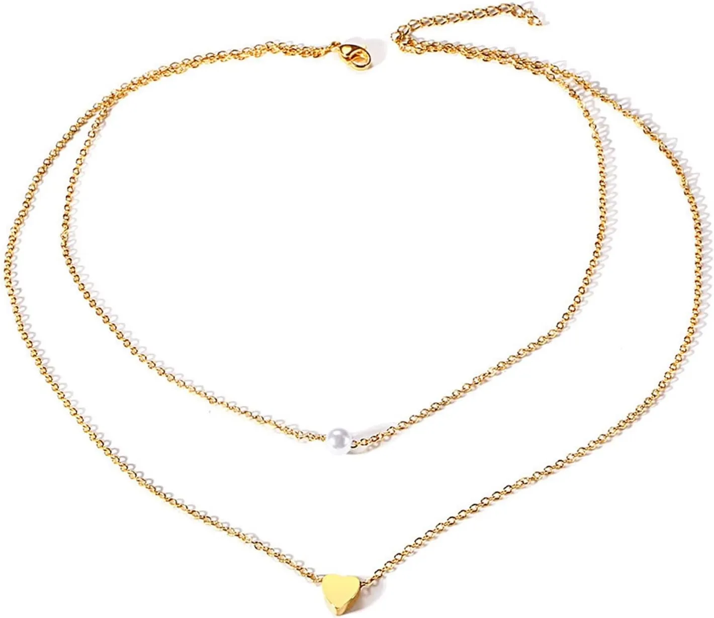 Epinki Necklace Pendants for Women, Gold 2 Layered Heart Pearl Stainless Steel Necklace Chain 17 Inch