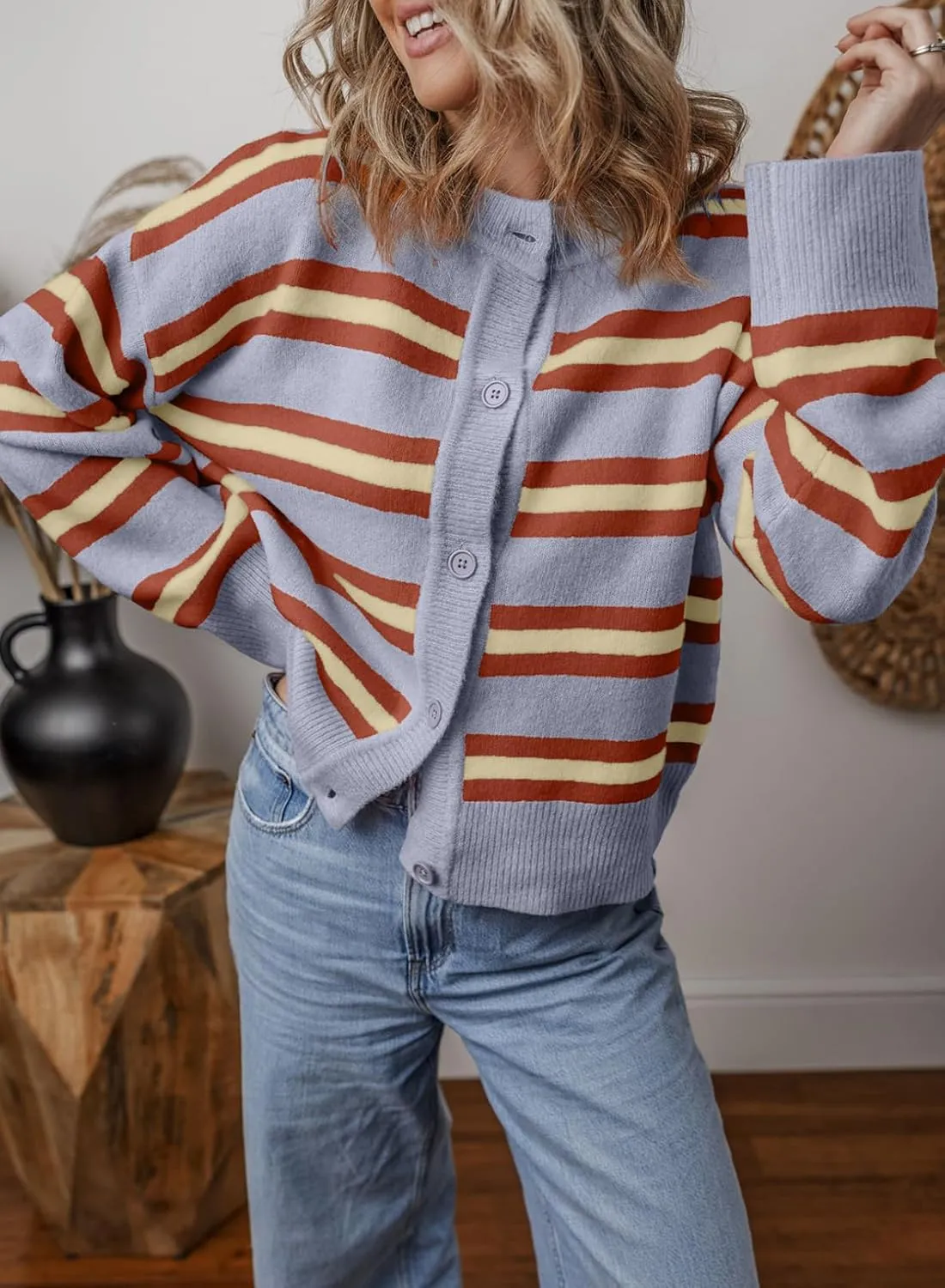 EVALESS Women's Striped Cardigan Sweaters Trendy Lightweight Chunky Knit Cropped Sweaters Outfits Outerwear Coats