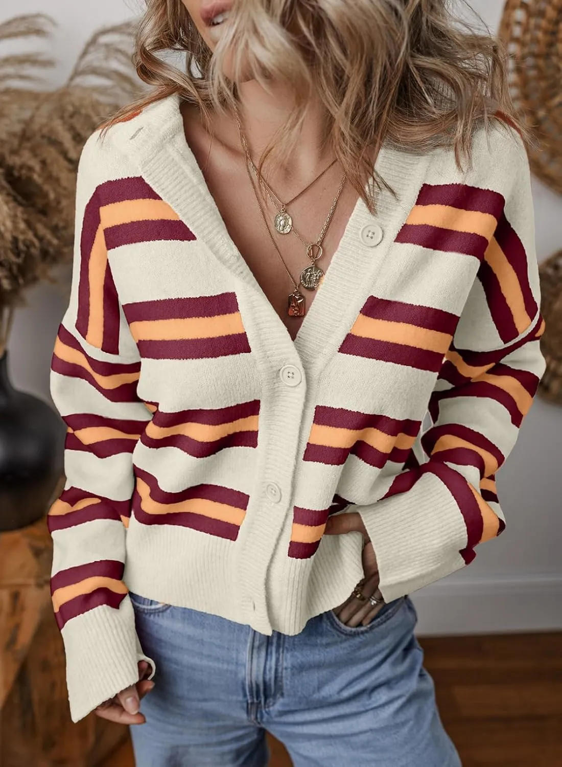EVALESS Women's Striped Cardigan Sweaters Trendy Lightweight Chunky Knit Cropped Sweaters Outfits Outerwear Coats