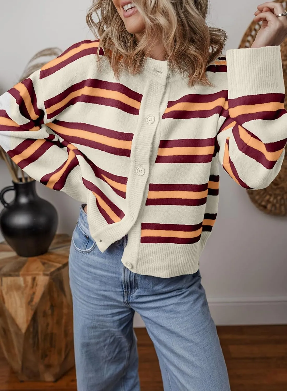 EVALESS Women's Striped Cardigan Sweaters Trendy Lightweight Chunky Knit Cropped Sweaters Outfits Outerwear Coats
