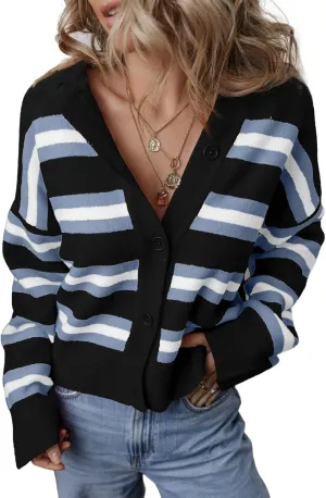 EVALESS Women's Striped Cardigan Sweaters Trendy Lightweight Chunky Knit Cropped Sweaters Outfits Outerwear Coats