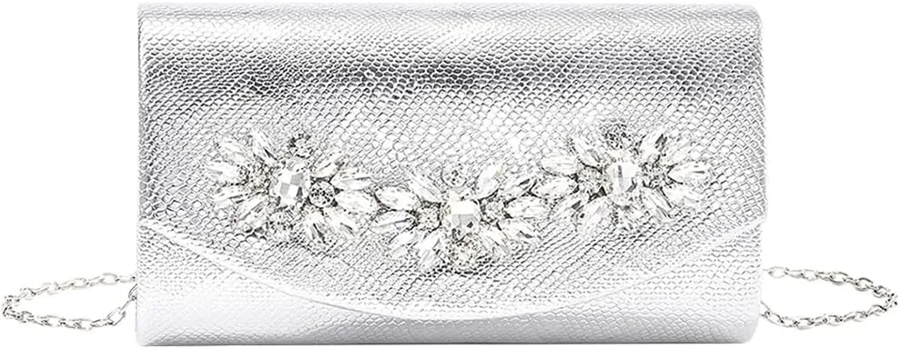 Evening Bag for Women Rhinestone Flower Clutch Purse Shoulder Bag PU Leather Elegant Clutch Handbag with Chain Strap