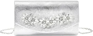 Evening Bag for Women Rhinestone Flower Clutch Purse Shoulder Bag PU Leather Elegant Clutch Handbag with Chain Strap