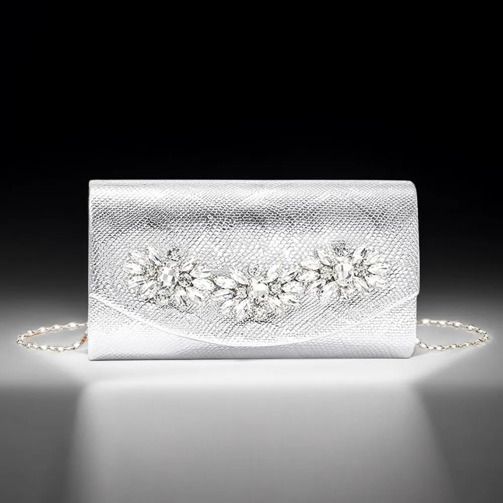 Evening Bag for Women Rhinestone Flower Clutch Purse Shoulder Bag PU Leather Elegant Clutch Handbag with Chain Strap
