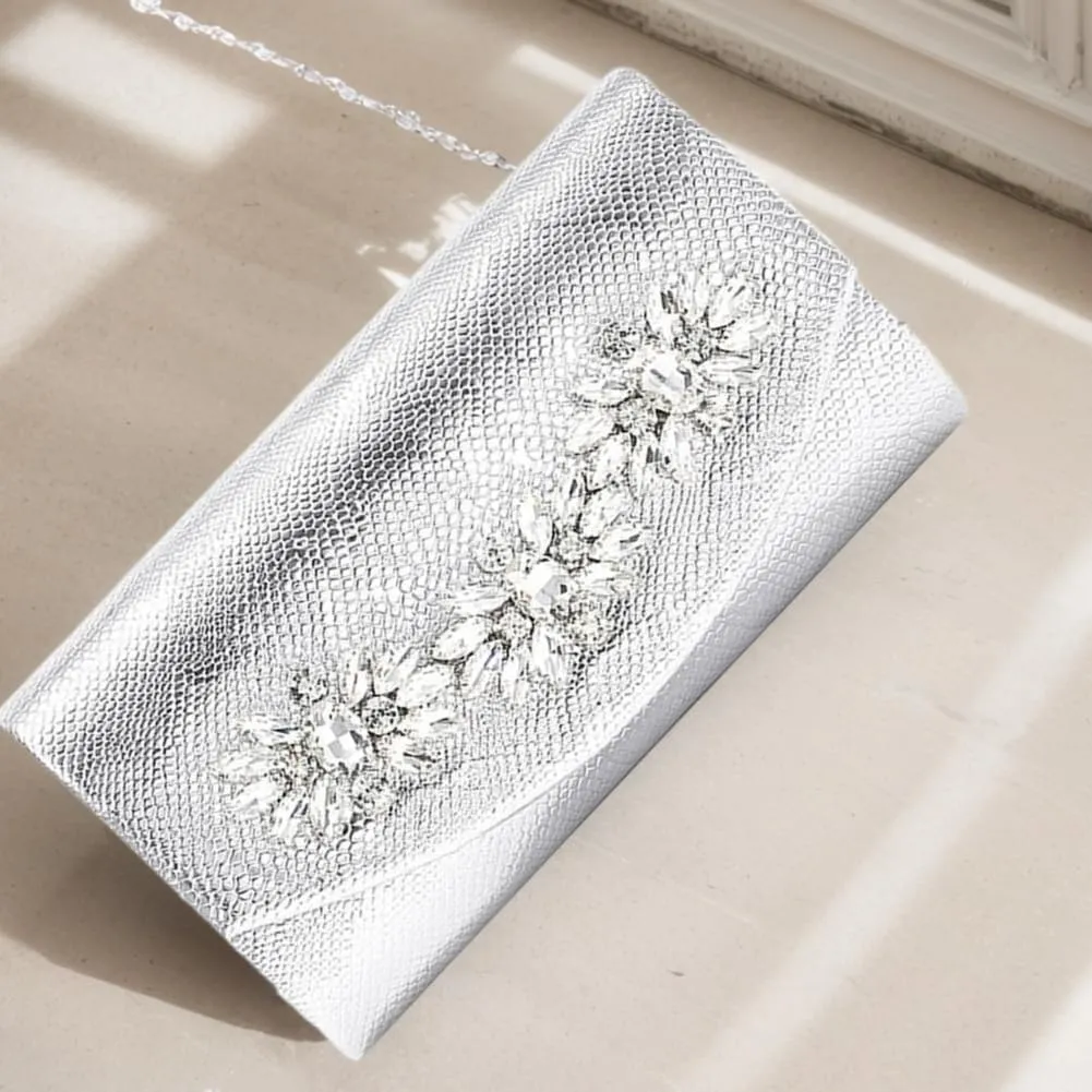 Evening Bag for Women Rhinestone Flower Clutch Purse Shoulder Bag PU Leather Elegant Clutch Handbag with Chain Strap