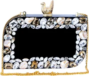 Evening Clutch Purse with Crystal Rhinestones, Pearl Accents, Gold Bird Clasp, Black