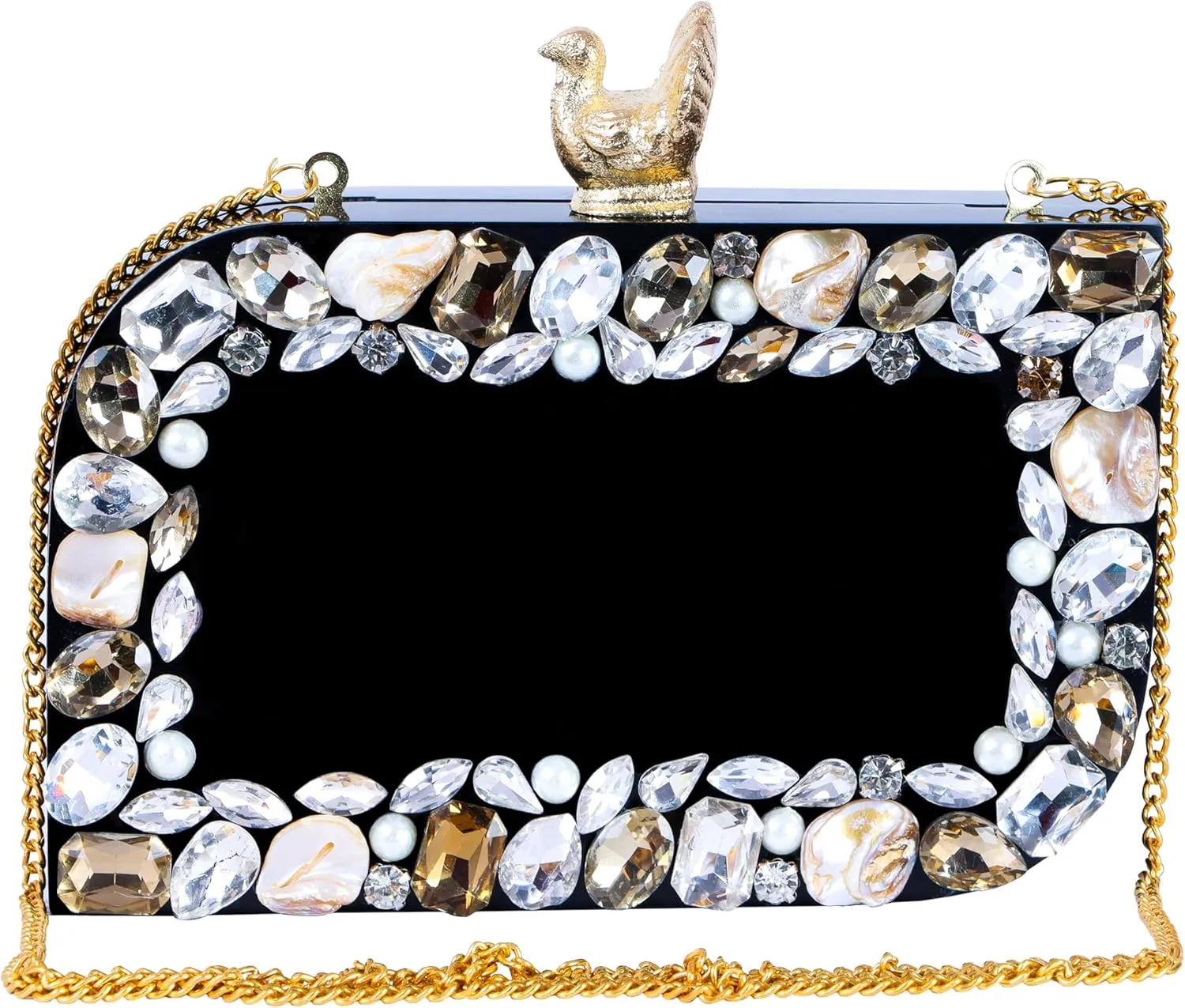 Evening Clutch Purse with Crystal Rhinestones, Pearl Accents, Gold Bird Clasp, Black
