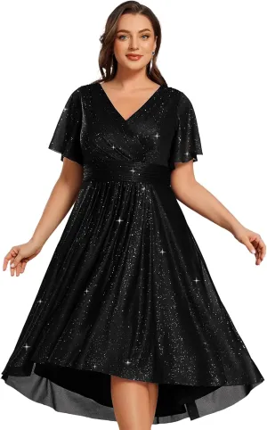 Ever-Pretty Plus V Neck Short Sleeves Glitter Pleated Midi Plus Size Cocktail Wedding Guest Dresses for Curvy Women
