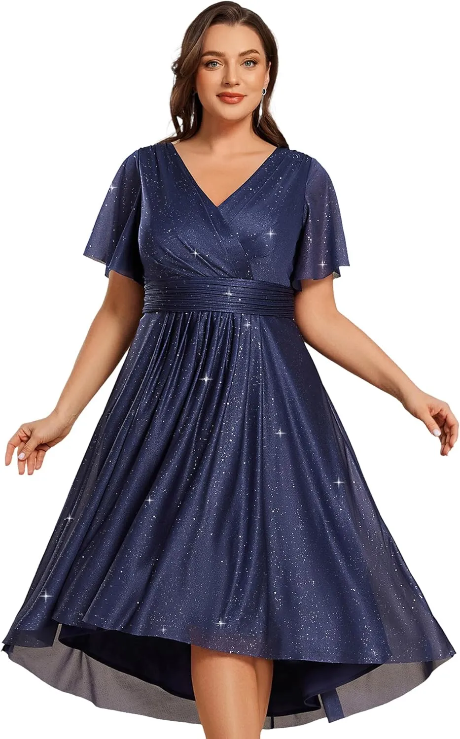 Ever-Pretty Plus V Neck Short Sleeves Glitter Pleated Midi Plus Size Cocktail Wedding Guest Dresses for Curvy Women