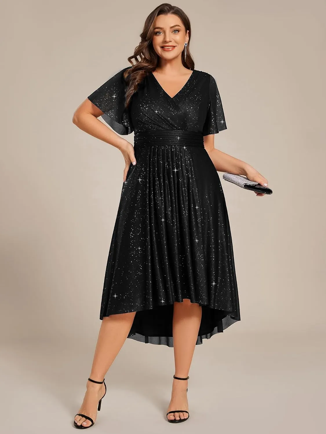Ever-Pretty Plus V Neck Short Sleeves Glitter Pleated Midi Plus Size Cocktail Wedding Guest Dresses for Curvy Women