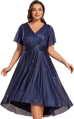 Ever-Pretty Plus V Neck Short Sleeves Glitter Pleated Midi Plus Size Cocktail Wedding Guest Dresses for Curvy Women
