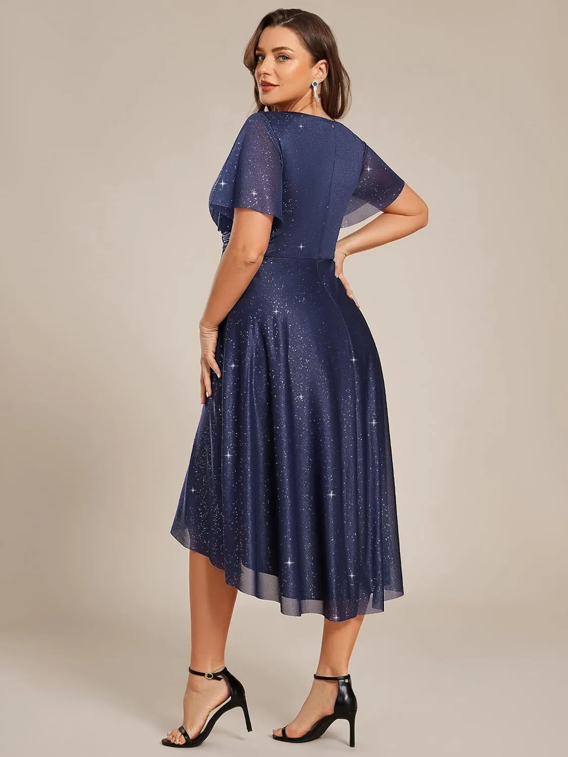 Ever-Pretty Plus V Neck Short Sleeves Glitter Pleated Midi Plus Size Cocktail Wedding Guest Dresses for Curvy Women
