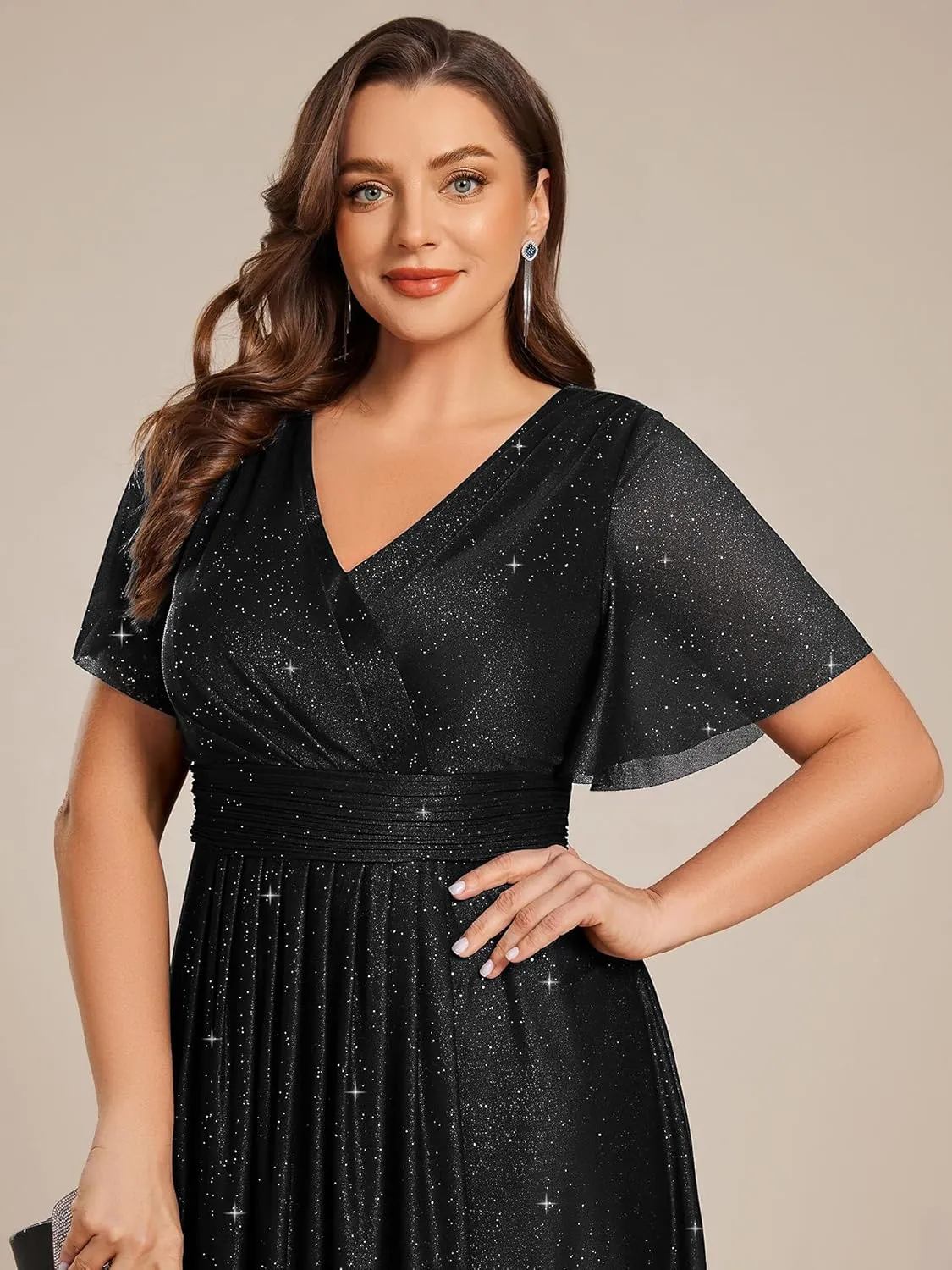 Ever-Pretty Plus V Neck Short Sleeves Glitter Pleated Midi Plus Size Cocktail Wedding Guest Dresses for Curvy Women