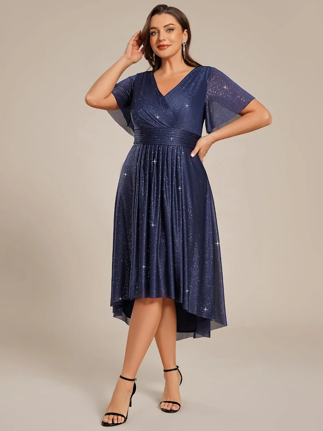Ever-Pretty Plus V Neck Short Sleeves Glitter Pleated Midi Plus Size Cocktail Wedding Guest Dresses for Curvy Women
