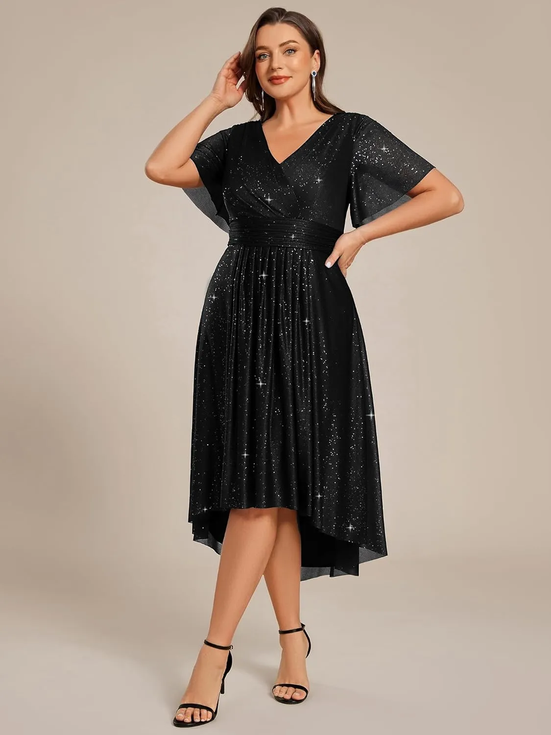 Ever-Pretty Plus V Neck Short Sleeves Glitter Pleated Midi Plus Size Cocktail Wedding Guest Dresses for Curvy Women