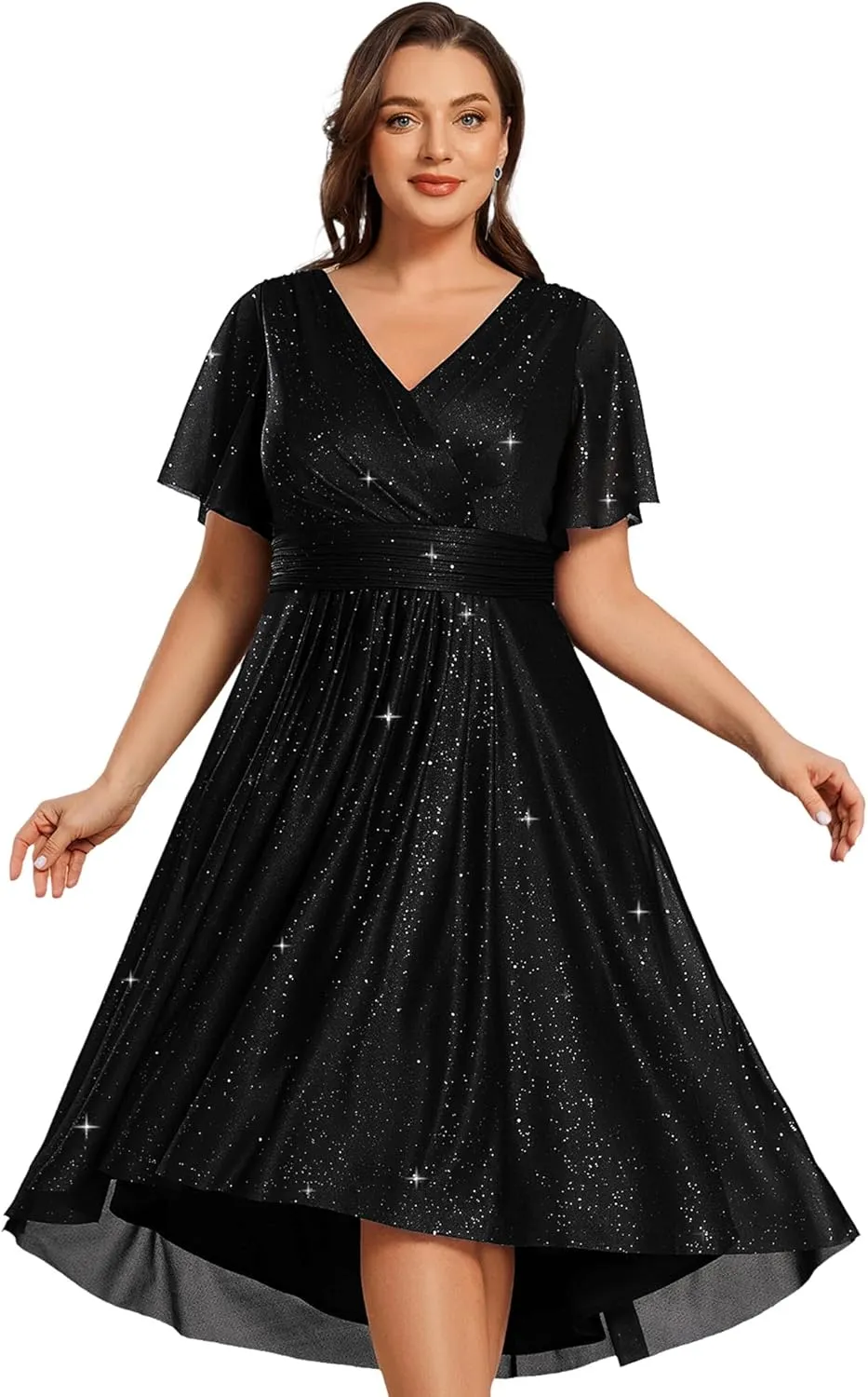 Ever-Pretty Plus V Neck Short Sleeves Glitter Pleated Midi Plus Size Cocktail Wedding Guest Dresses for Curvy Women