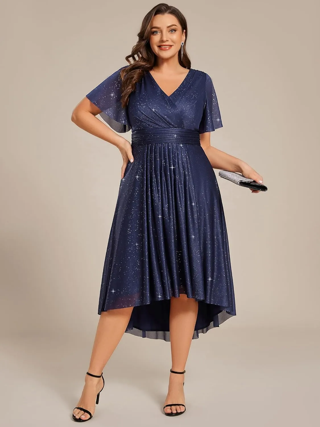 Ever-Pretty Plus V Neck Short Sleeves Glitter Pleated Midi Plus Size Cocktail Wedding Guest Dresses for Curvy Women