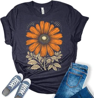 Fall Vintage Flowers Tshirt Women Boho Distressed Wildflowers Girls Graphic Tee Casual Nature Shirts Tops