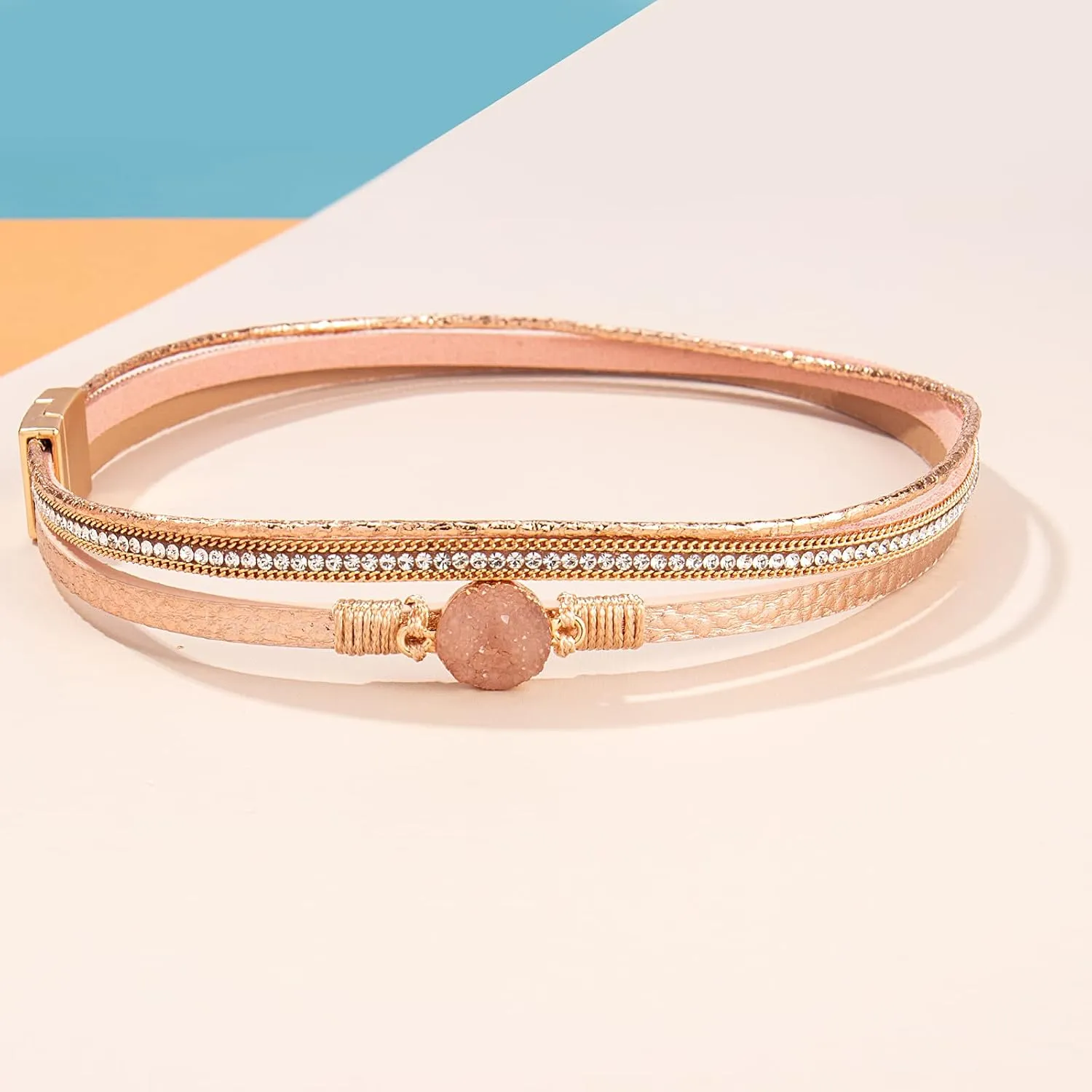 FANCY SHINY Boho Wrap Bracelets Leather Cuff Bracelet Bohemian Jewelry Resin Stone Leather Necklace with Clasp for Women