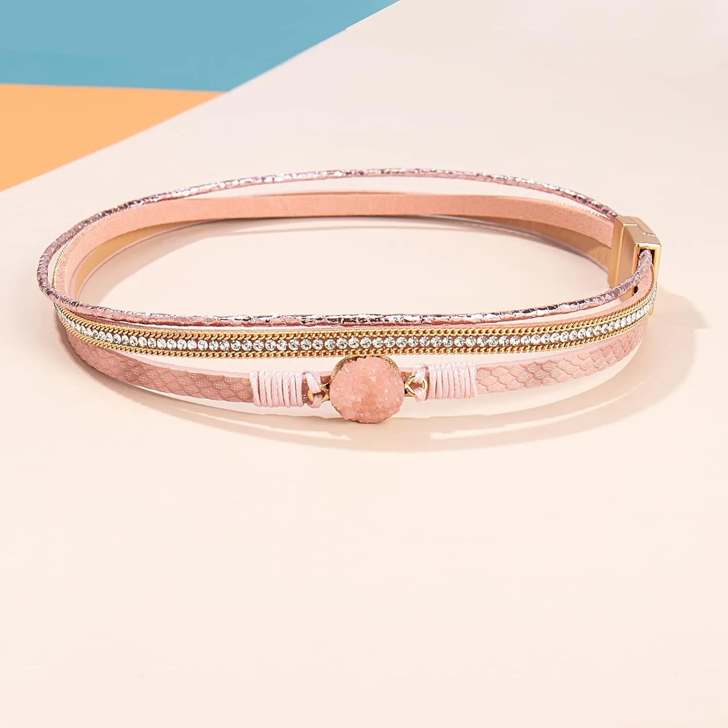 FANCY SHINY Boho Wrap Bracelets Leather Cuff Bracelet Bohemian Jewelry Resin Stone Leather Necklace with Clasp for Women
