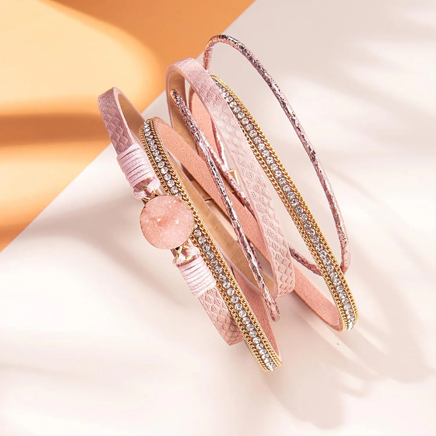 FANCY SHINY Boho Wrap Bracelets Leather Cuff Bracelet Bohemian Jewelry Resin Stone Leather Necklace with Clasp for Women