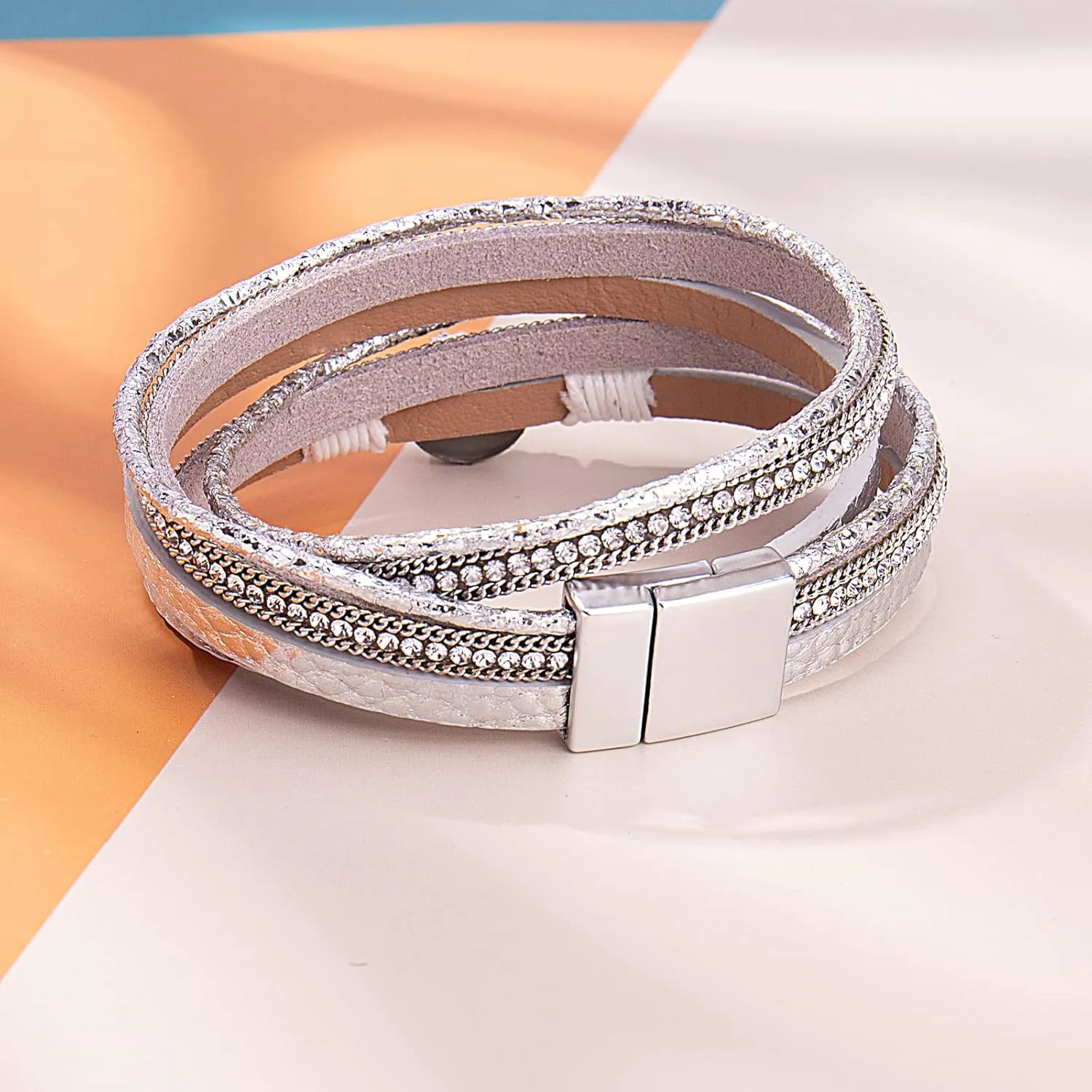 FANCY SHINY Boho Wrap Bracelets Leather Cuff Bracelet Bohemian Jewelry Resin Stone Leather Necklace with Clasp for Women