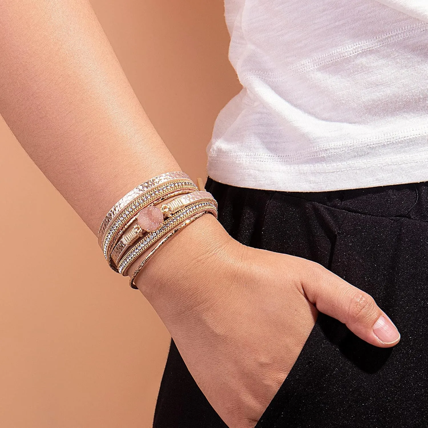FANCY SHINY Boho Wrap Bracelets Leather Cuff Bracelet Bohemian Jewelry Resin Stone Leather Necklace with Clasp for Women