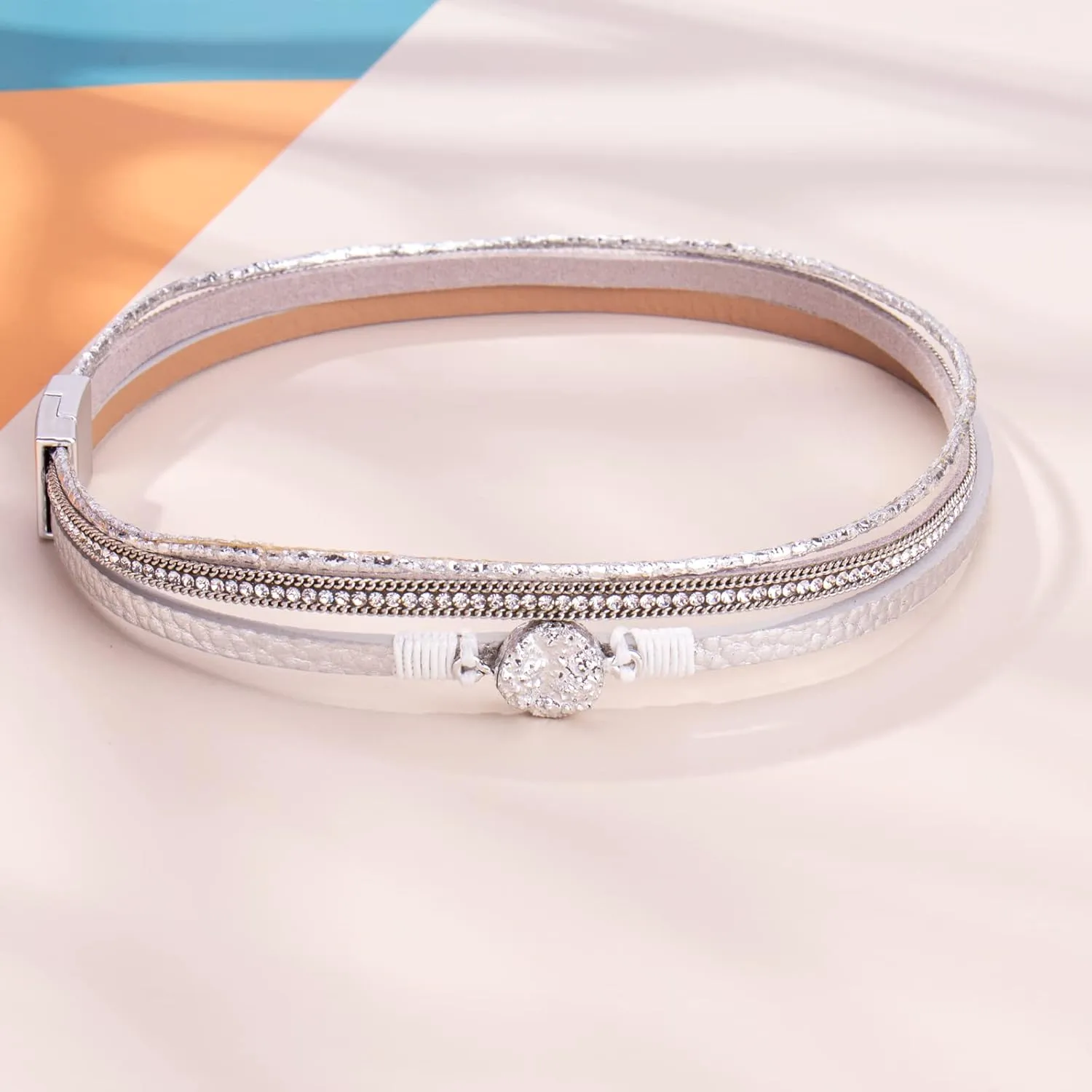 FANCY SHINY Boho Wrap Bracelets Leather Cuff Bracelet Bohemian Jewelry Resin Stone Leather Necklace with Clasp for Women