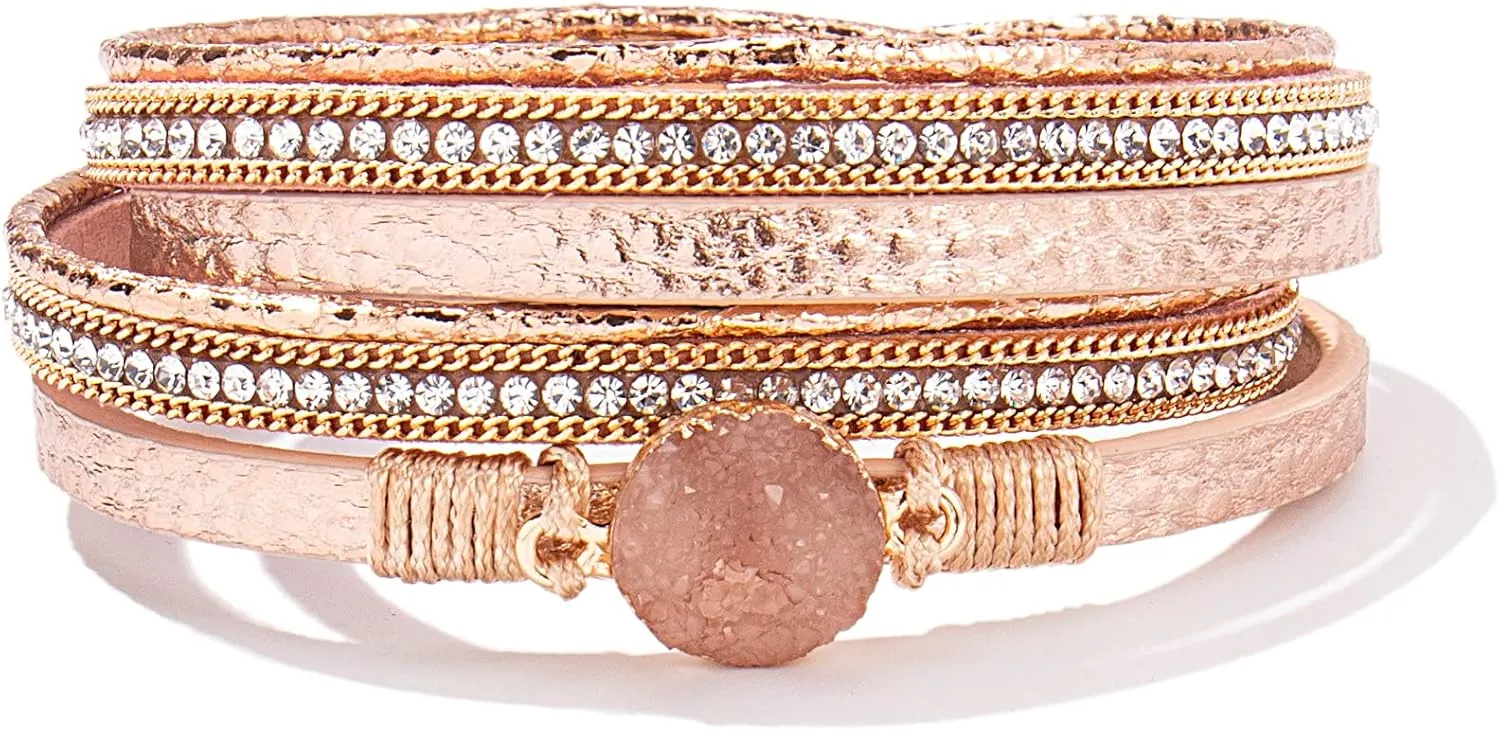 FANCY SHINY Boho Wrap Bracelets Leather Cuff Bracelet Bohemian Jewelry Resin Stone Leather Necklace with Clasp for Women