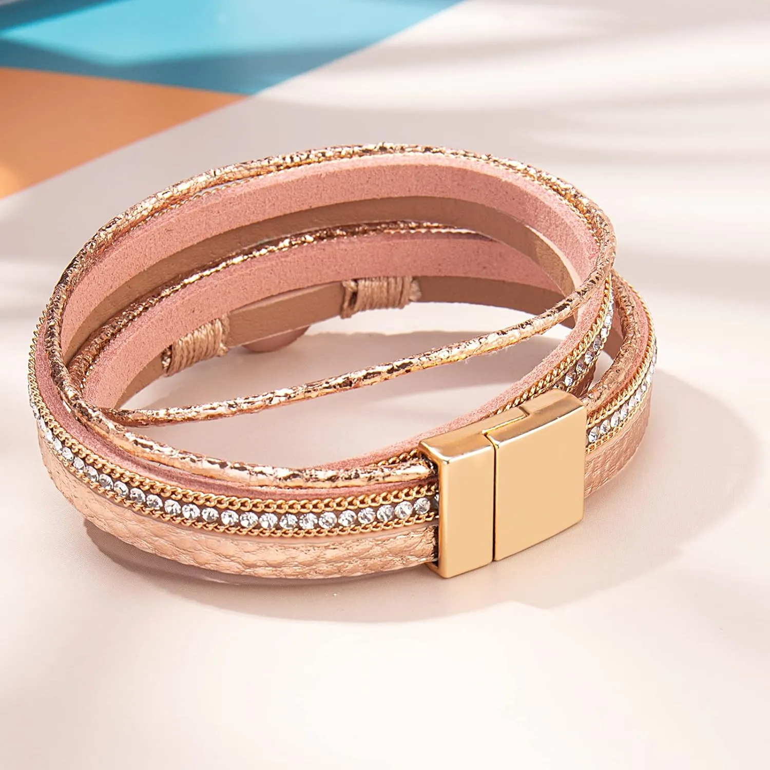 FANCY SHINY Boho Wrap Bracelets Leather Cuff Bracelet Bohemian Jewelry Resin Stone Leather Necklace with Clasp for Women