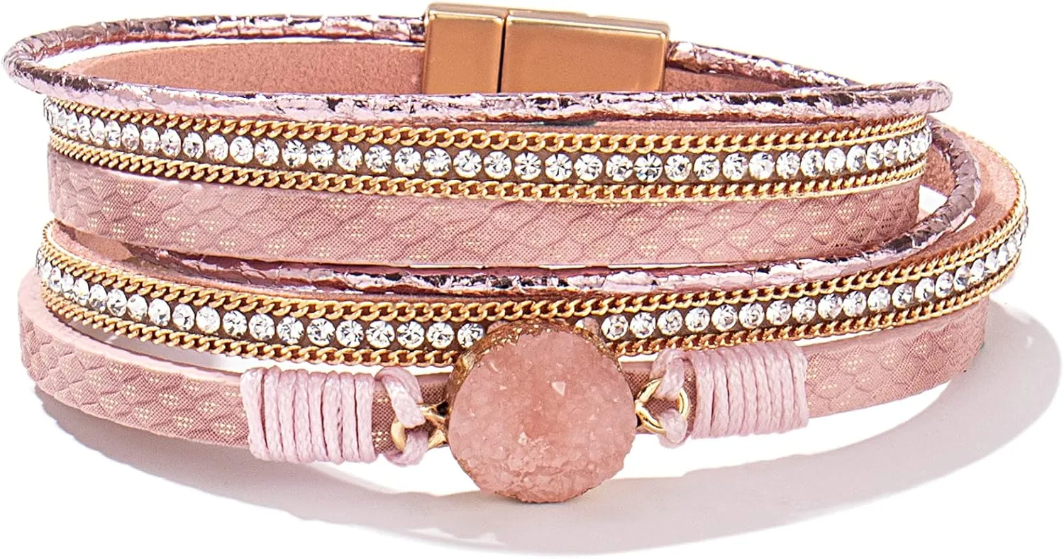 FANCY SHINY Boho Wrap Bracelets Leather Cuff Bracelet Bohemian Jewelry Resin Stone Leather Necklace with Clasp for Women