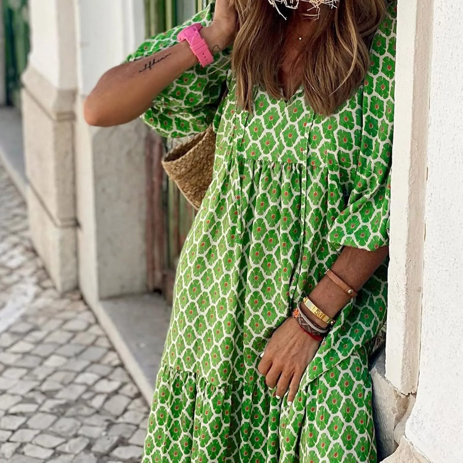 fanmpghleoo Boho Maxi Dresses for Women 2025 Casual Flowy Beach Bohemian Dress Geometric Half Sleeve Tiered Eyelet Dress