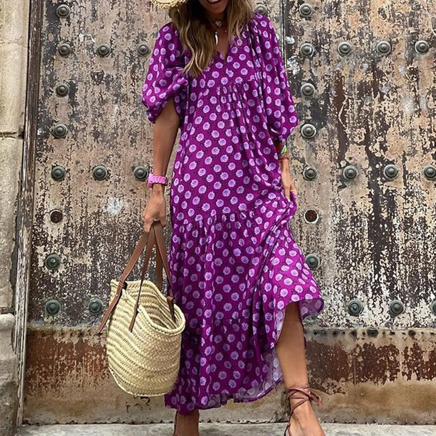 fanmpghleoo Boho Maxi Dresses for Women 2025 Casual Flowy Beach Bohemian Dress Geometric Half Sleeve Tiered Eyelet Dress