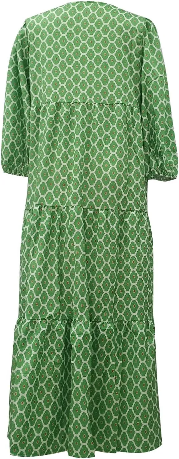fanmpghleoo Boho Maxi Dresses for Women 2025 Casual Flowy Beach Bohemian Dress Geometric Half Sleeve Tiered Eyelet Dress