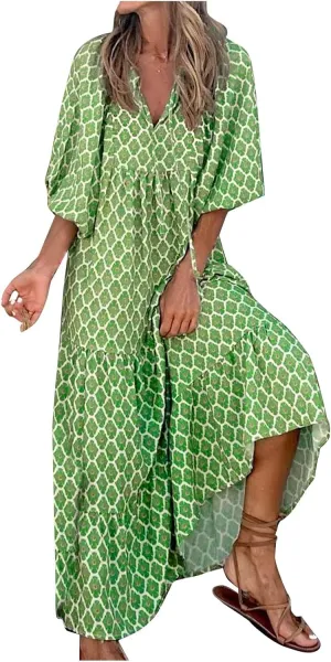 fanmpghleoo Boho Maxi Dresses for Women 2025 Casual Flowy Beach Bohemian Dress Geometric Half Sleeve Tiered Eyelet Dress