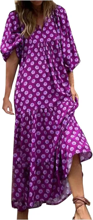 fanmpghleoo Boho Maxi Dresses for Women 2025 Casual Flowy Beach Bohemian Dress Geometric Half Sleeve Tiered Eyelet Dress